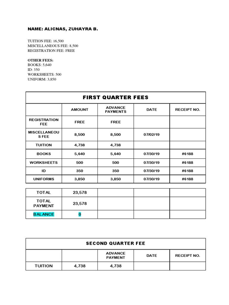 First Quarter Fees: Name: Alicnas, Zuhayra B | PDF | Tuition Payments ...