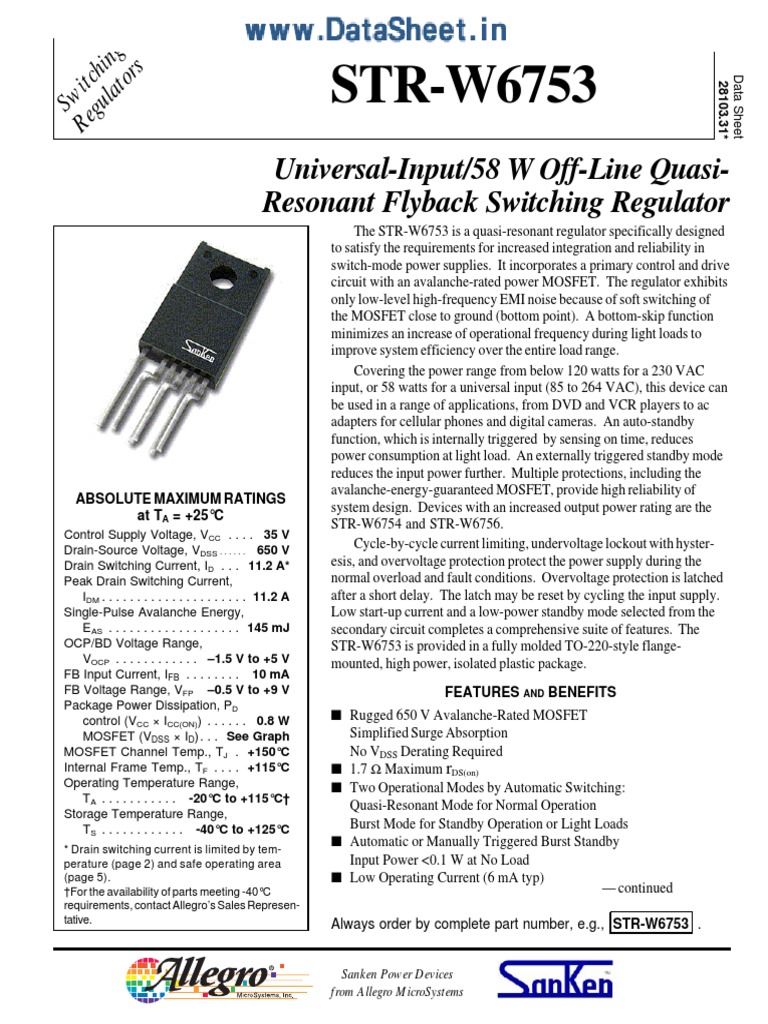 STR-W6753: Universal-Input/58 W Off-Line Quasi-Resonant Flyback ...