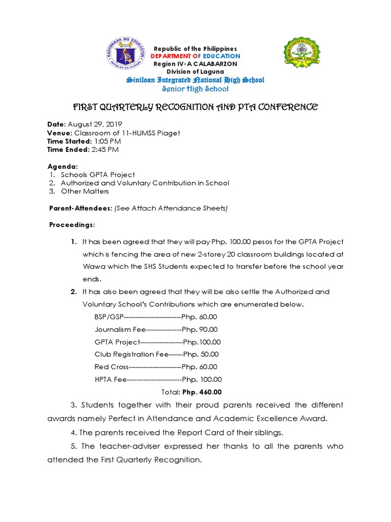 Minutes Of The Meeting Quarterly Recognition 2019 2020 Pdf