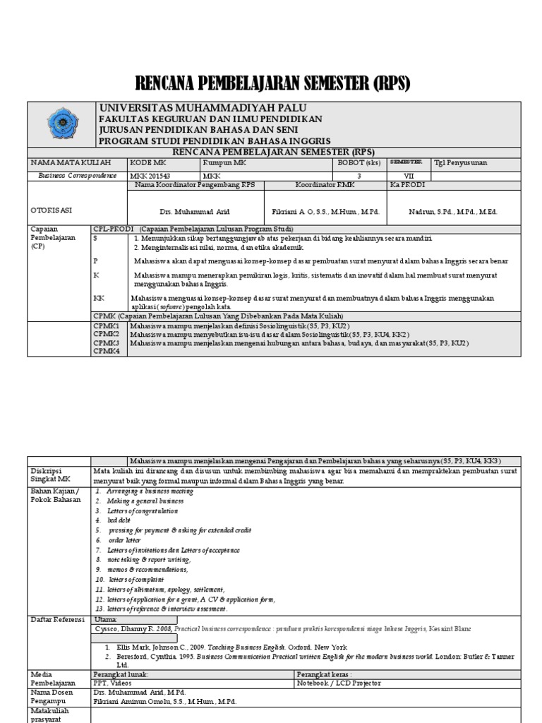 RPS Pembelajaran Business English | PDF | Karier & Perkembangan