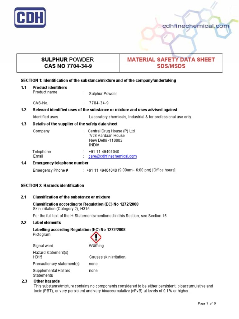Safety Data Sheet for Sulphur Powder Physical and Chemical Properties