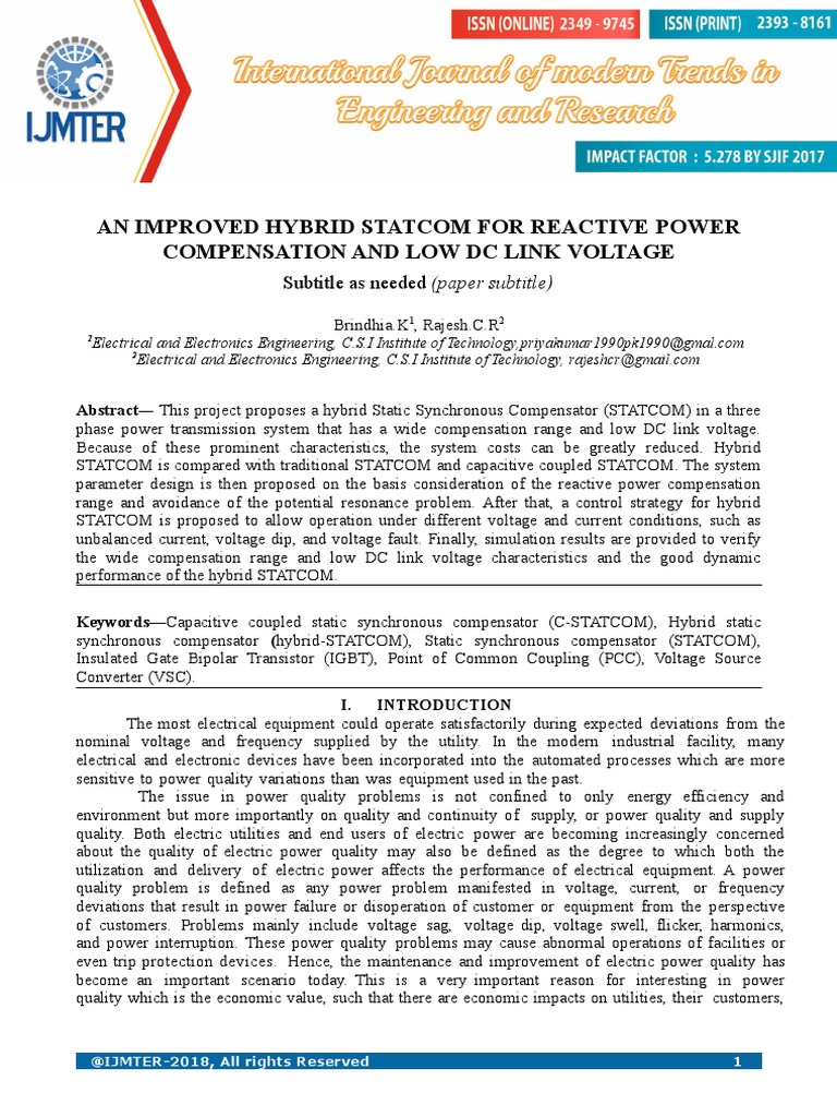 An Improved Hybrid Statcom For Reactive Power Compensation and Low DC ...