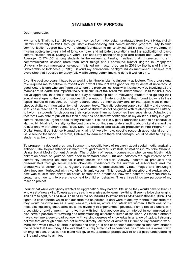 Contoh Statement of Purpose | PDF | Academic Degree | University