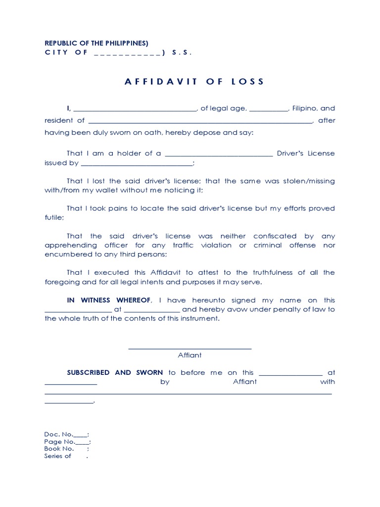 Sample Affidavit of Loss for License | PDF