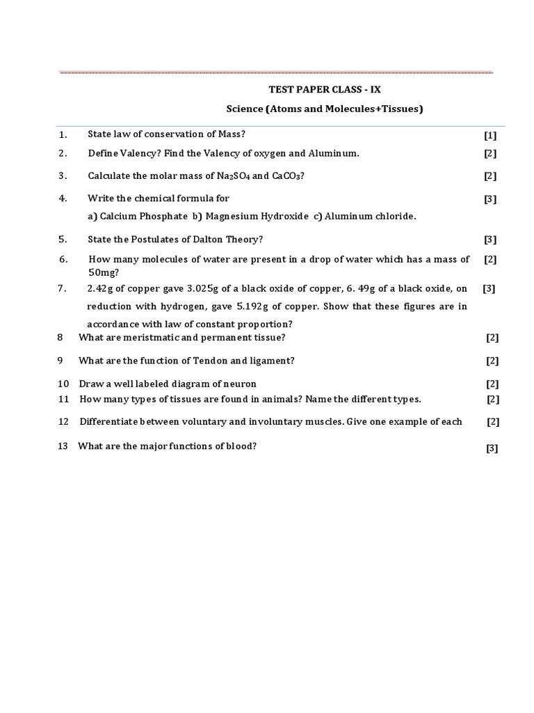 Class 9 Test Paper Tissue and Atoms and Molecules PDF