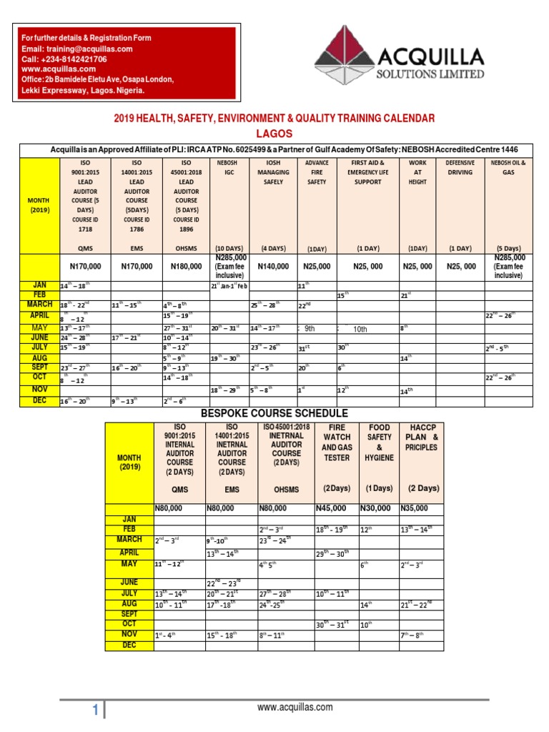 2019 Acquilla Training Calendar Approved | PDF | Military Operations ...