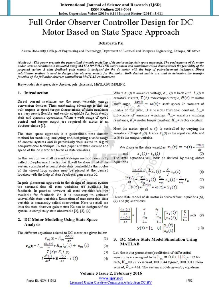 DC Motor Control via State Space Design | PDF | Electric Motor ...