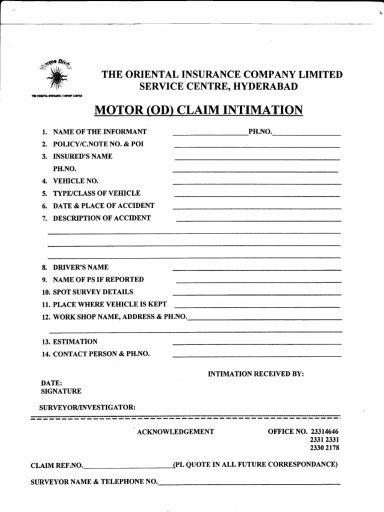 Claim Intimation Form D V OIC Motor Dept PDF Driver #39 s License