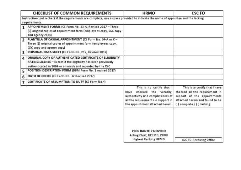 Checklist of Common Requirements Hrmo CSC Fo | PDF