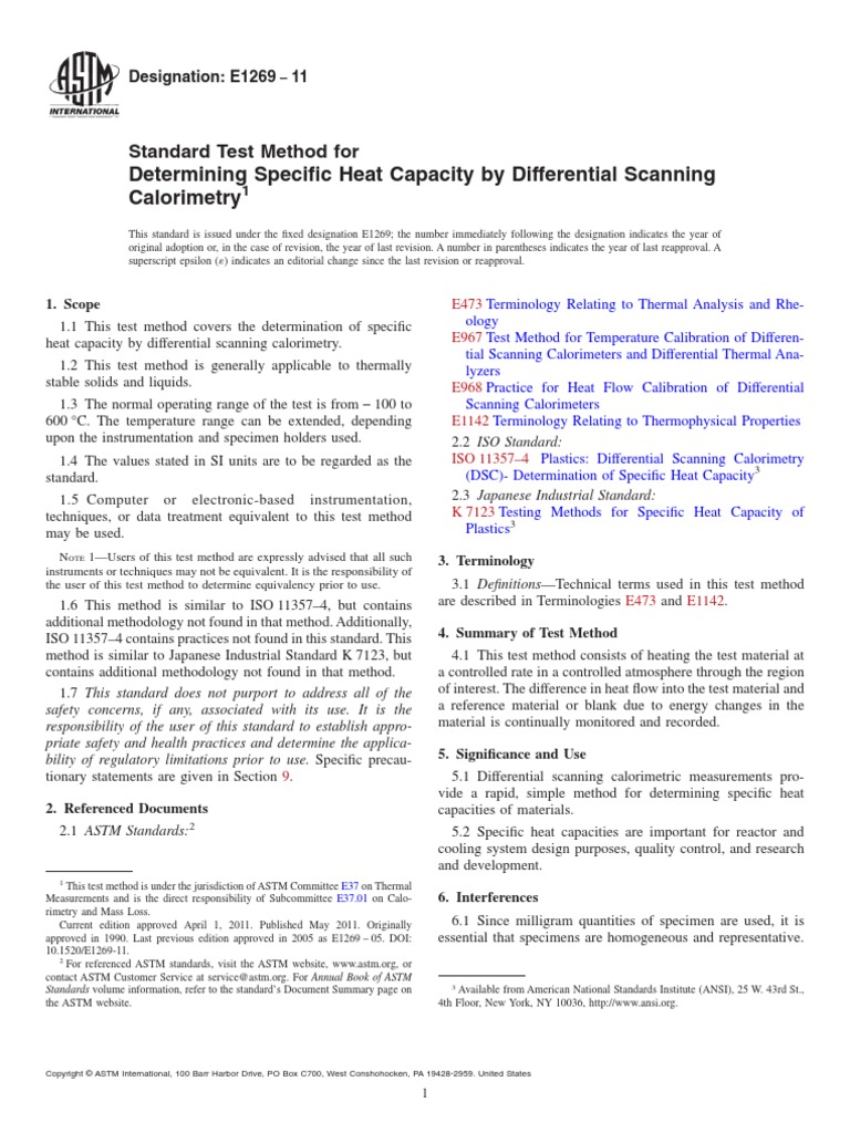 ASTM E 1269 - 11 - DSC Measurement PDF | PDF | Differential Scanning ...