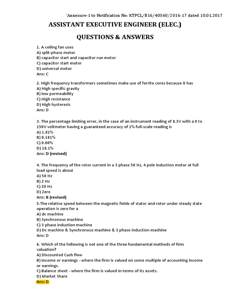 AEE Electrical Exam Questions & Answers | PDF | Electric Motor ...