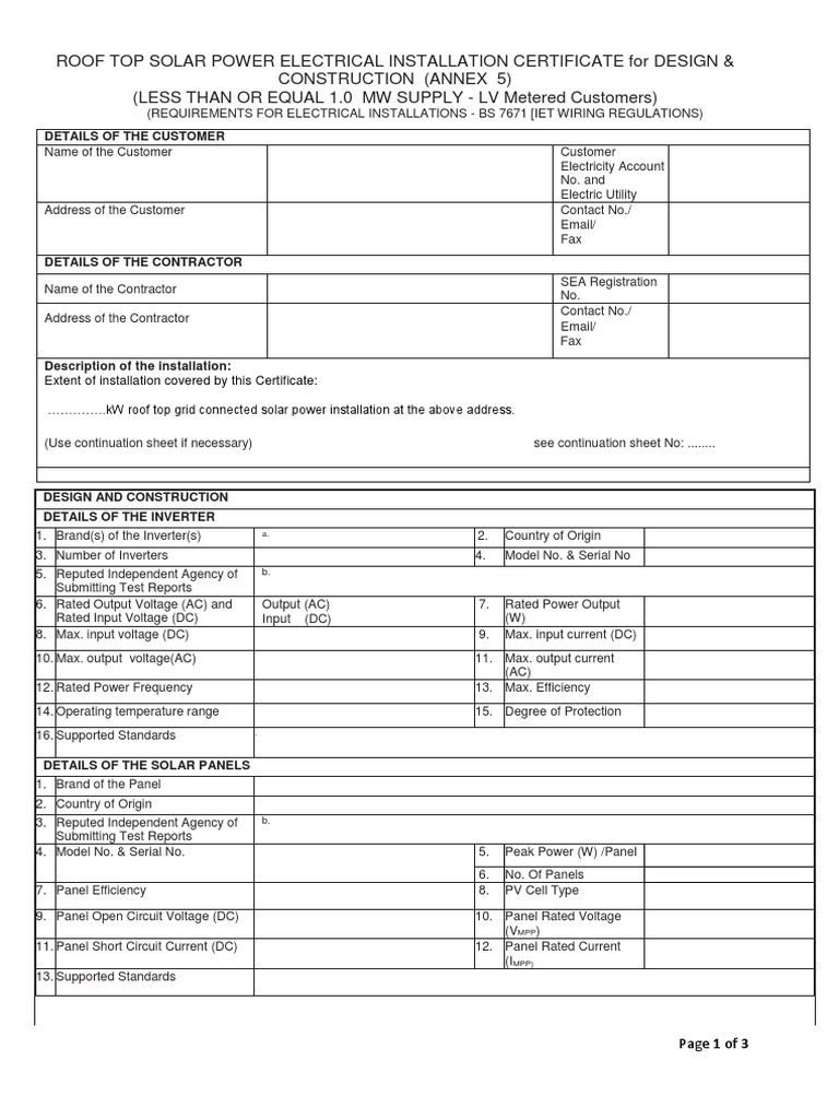 Rooftop Solar Installation Certificate | PDF | Photovoltaic System ...