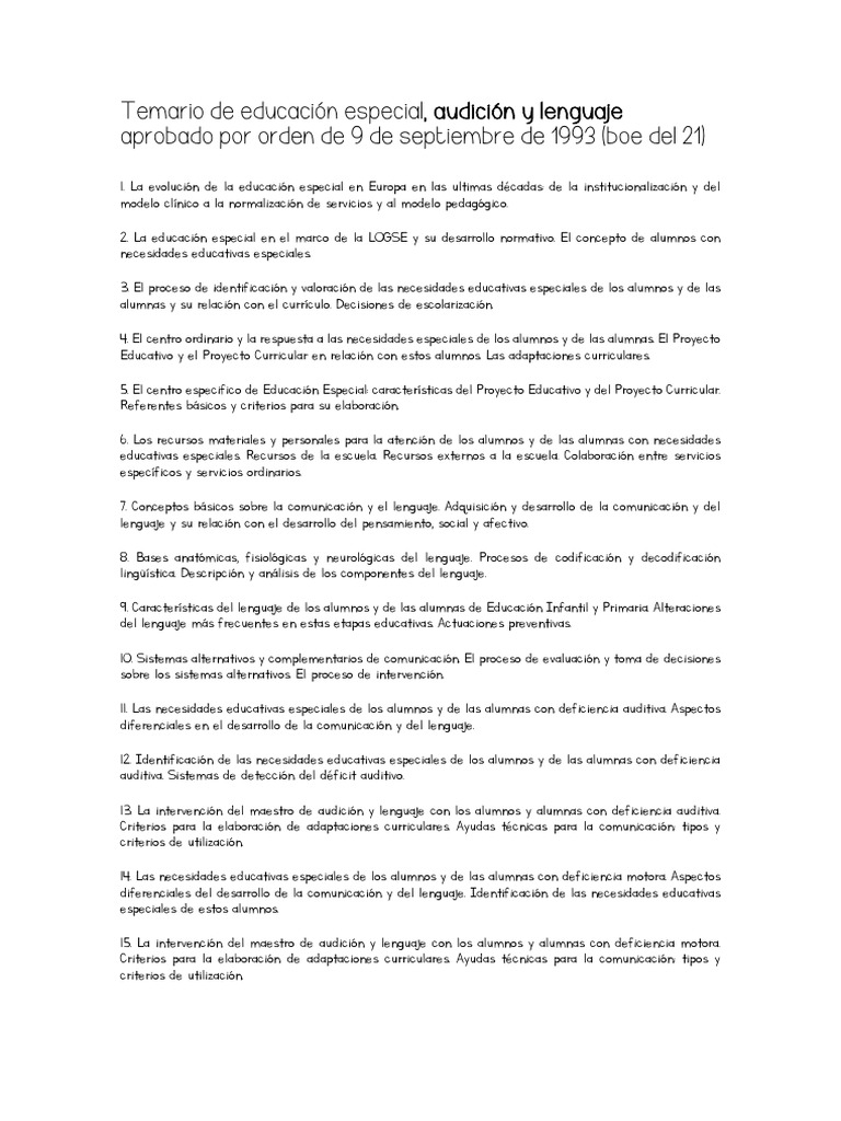 Temario Oposicion Educacion Especial:audición y Lenguaje | PDF ...