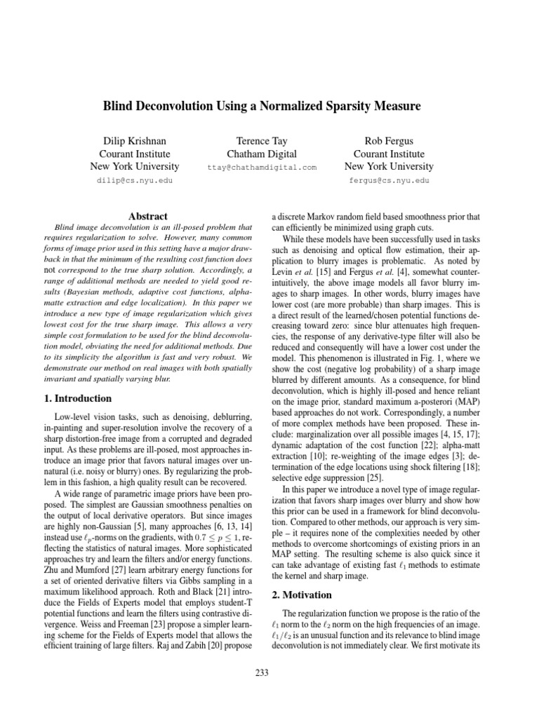 Blind Deconvolution Using A Normalized Sparsity Measure | PDF ...