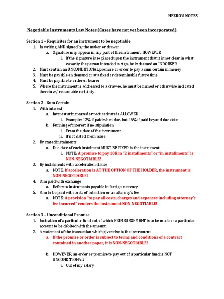 Negotiable Instruments Law Notes | PDF | Promissory Note | Negotiable ...