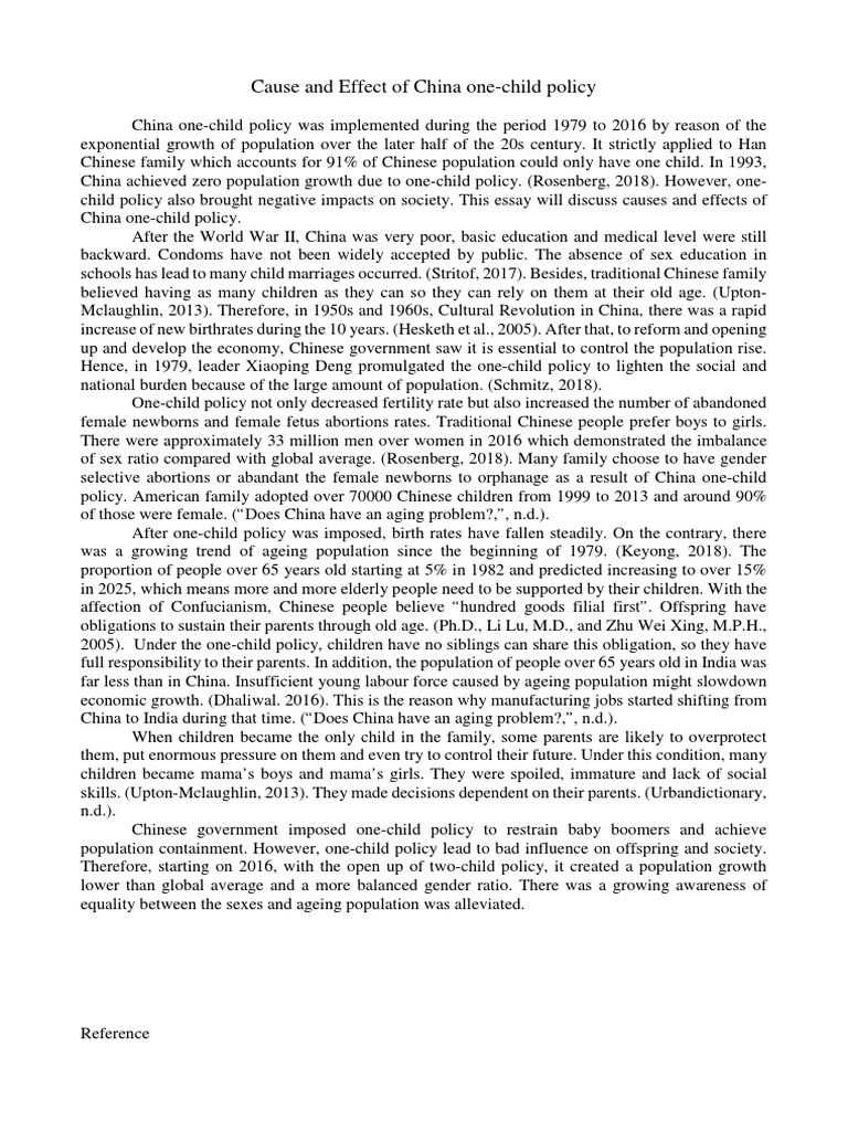 Cause and Effect of China OneChild Policy PDF Birth Rate China