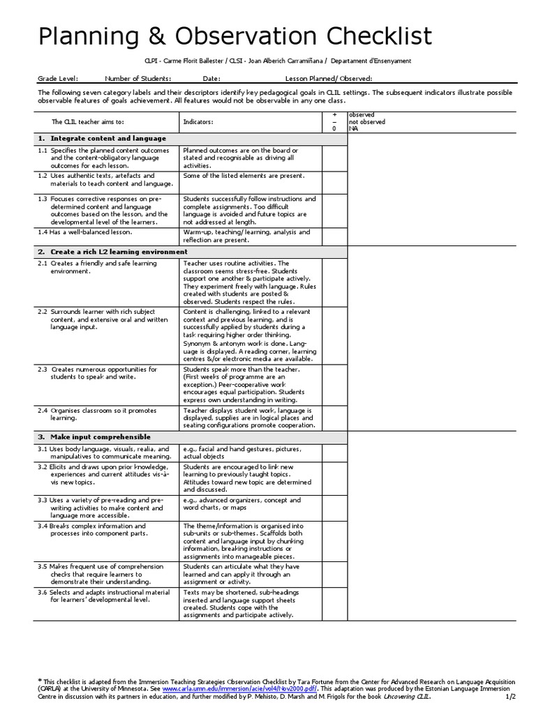 Lesson Planning Observation Checklist Ateneu | PDF | Speech | Learning