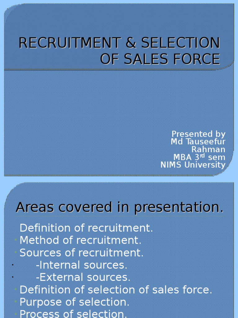 Recruitment &amp; Selection of Sales Force | PDF | Recruitment | Test 