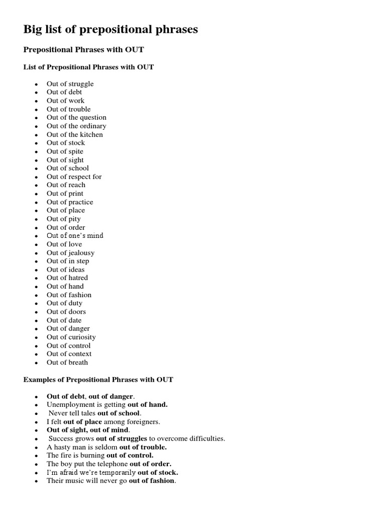 Big List of Prepositional Phrases | PDF | Lunch | Workweek And Weekend
