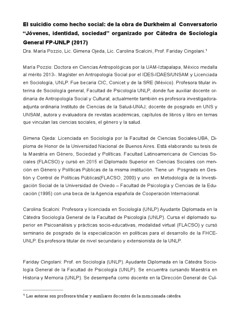 El Suicidio Como Hecho Social. Anuario de Psicologia 2018 UNLP | PDF ...