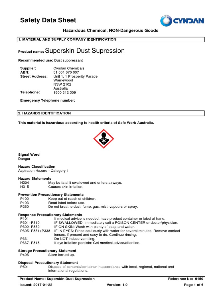 Superskin Dust Suppression Safety Data | PDF | Dangerous Goods | Toxicity
