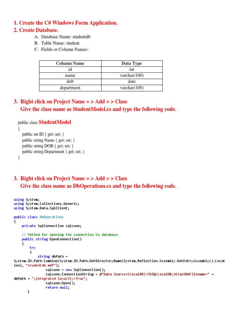 A database name studentdb b table name student c fields or column