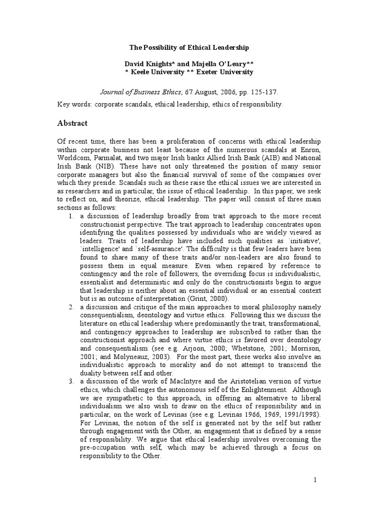 The Possibility of Ethical Leadership PDF | PDF | Virtue Ethics ...