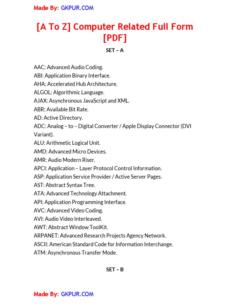 A To Z Computer Related Full Form | PDF | Computer Network | Operating ...