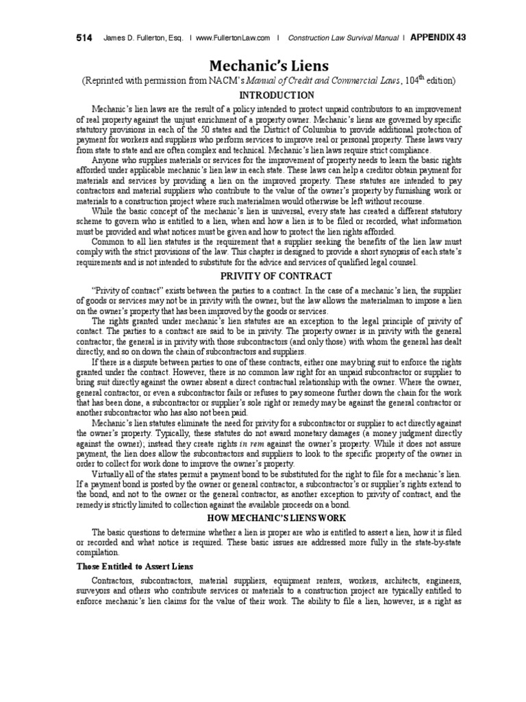 Mechanic's Liens (Reprinted With Permission From NACM's Manual of