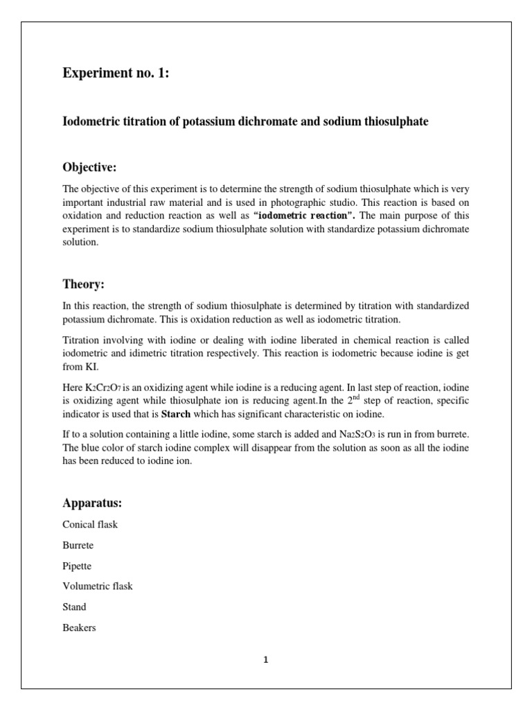 Experiment No. 1 Iodometric Titration of PDF Titration Chemistry