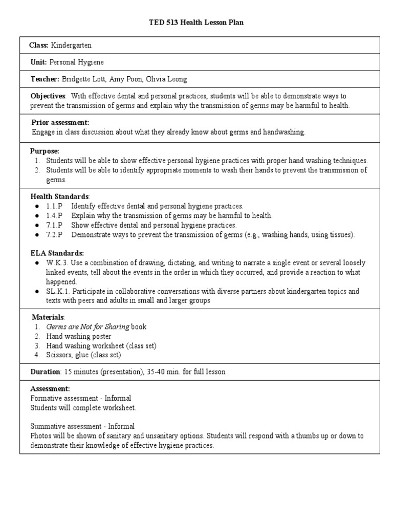 Kindergarten Personal Hygiene Lesson Plan | PDF | Hand Washing | Hygiene