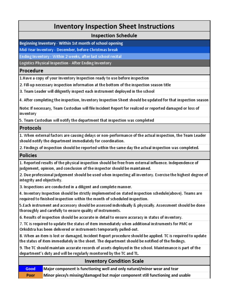 Inventory Inspection Sheet Guide | PDF | Drum Kit | Gaiaphones