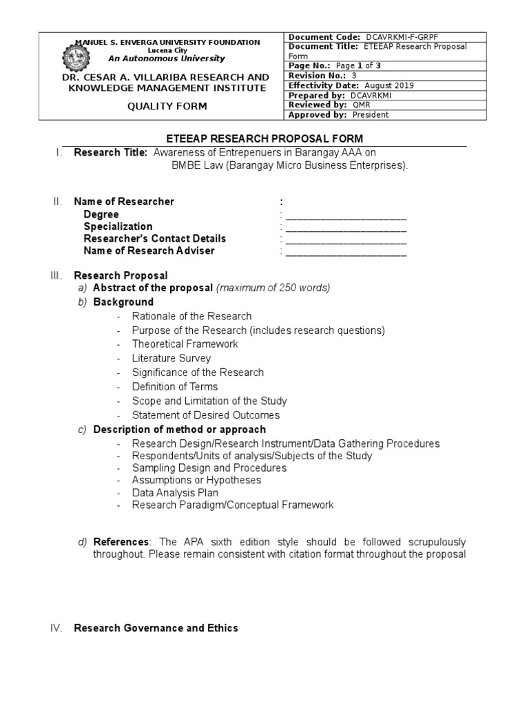 Eteeap Research Proposal Form Research Title: Awareness of Entrepenuers ...