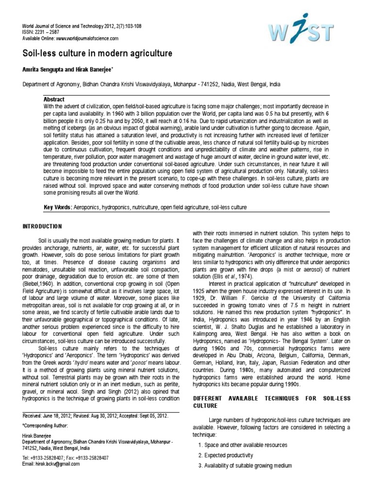 Soil-less Culture in Modern Agriculture | PDF | Hydroponics | Nutrients