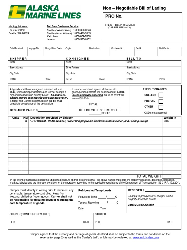 BL Alaska Marine Lines | PDF | Cargo | Bill Of Lading