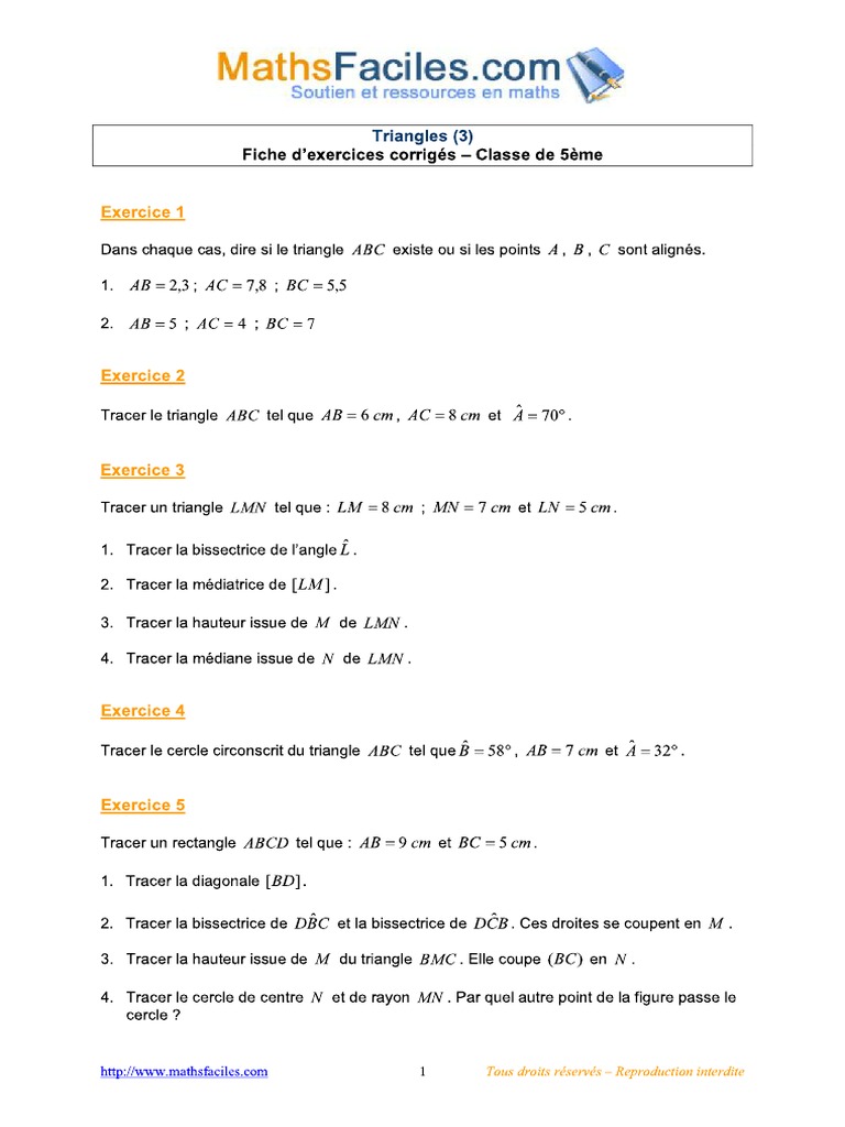 Exercices Corrigés Sur Les Triangles 5ème Pdf Triangles (3) - Exercices Corrigés 5ème | PDF