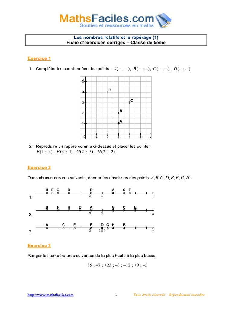 Nombres Relatifs 5ème Exercices Corrigés Pdf Les Nombres Relatifs Et Le Repérage (1) - Exercices Corrigés 5ème | PDF