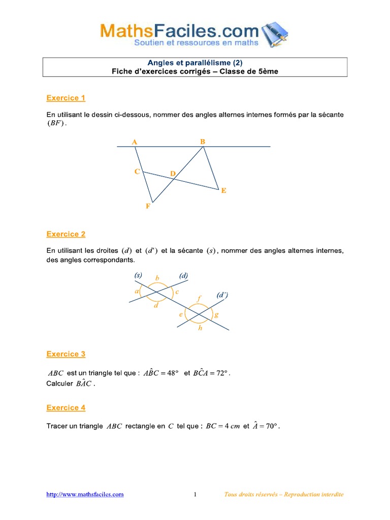 Exercices Corrigés Angles Et Parallélisme 5ème Pdf Angles Et Parallélisme (2) - Exercices Corrigés 5ème | PDF
