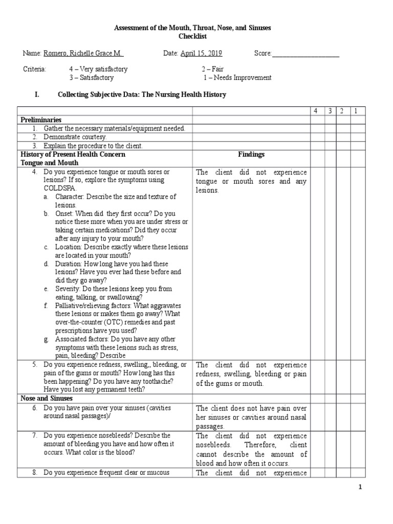 Mouth, Throat, Nose, and Sinuses Assessment Chinny | PDF | Human Nose ...