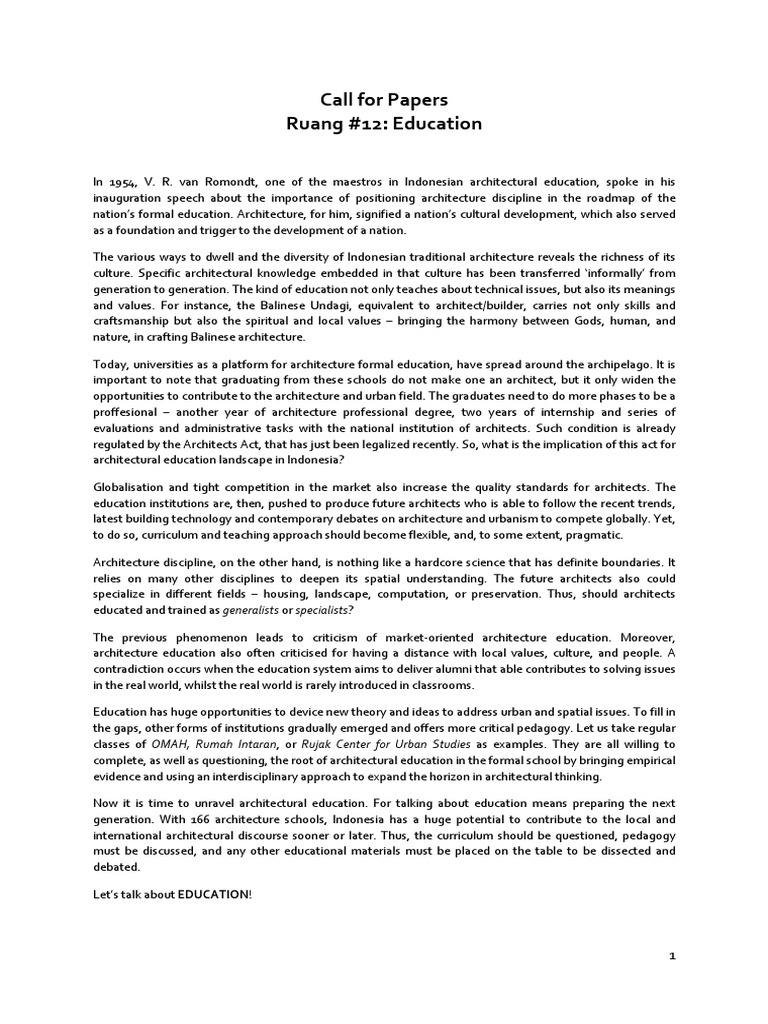 Call For Papers Ruang #12: Education | PDF | Essays | Pedagogy