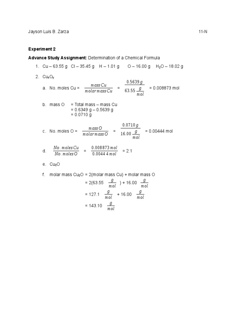 Mass Cu Molar Mass Cu G Mol: Experiment 2 Advance Study Assignment