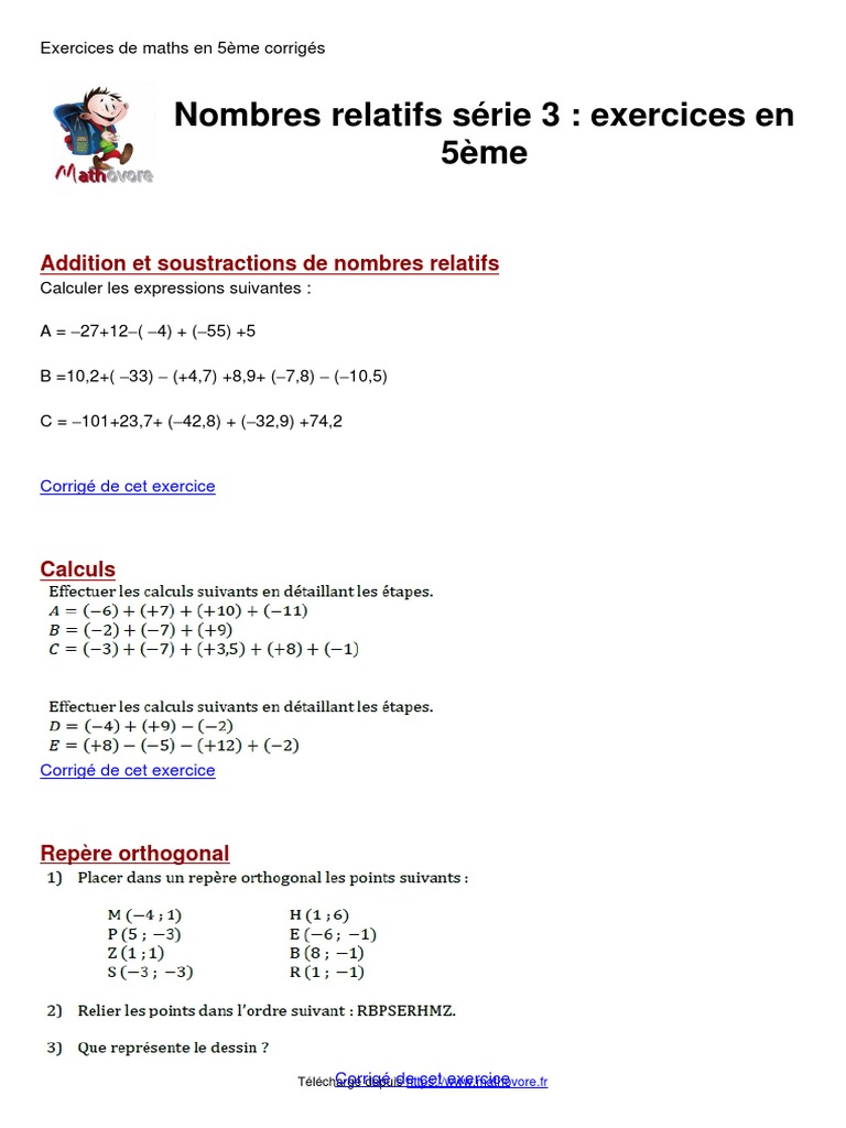Iparcours 4ème Corrigé Pdf Nombres Relatifs Serie 3 Exercices en 5eme | PDF