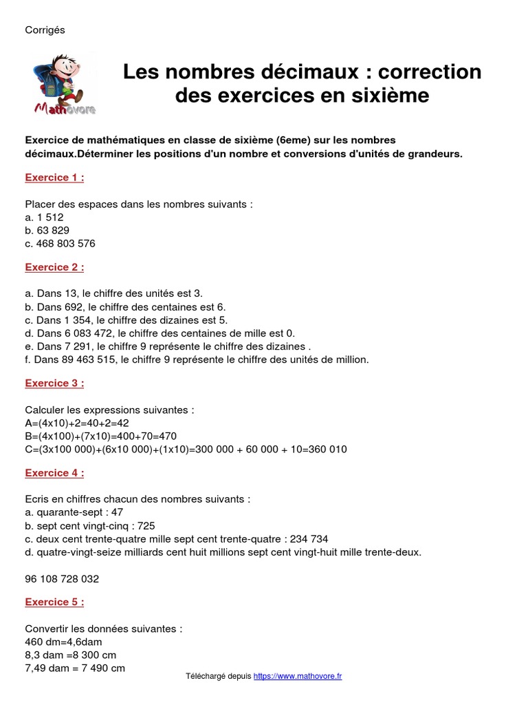Evaluation Nombres Décimaux 6ème Avec Correction Les Nombres Decimaux Correction Des Exercices en Sixieme | PDF