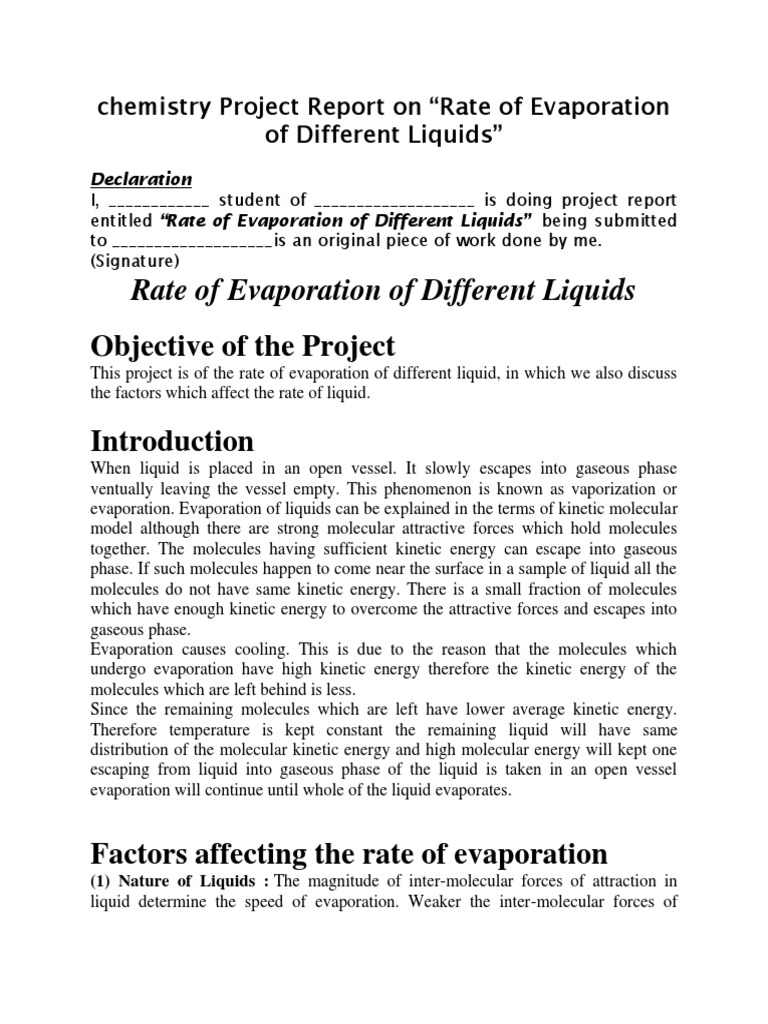 Rate of Evaporation of Different Liquids: Objective of The Project ...