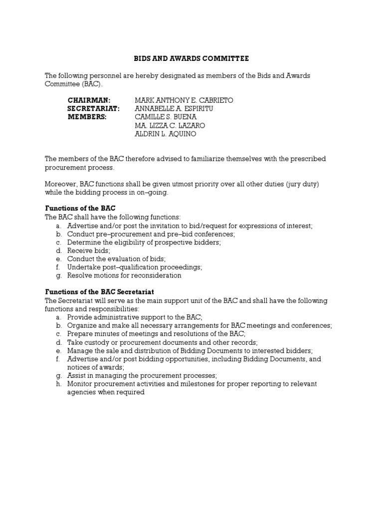 Bids and Awards Committee Functions | PDF