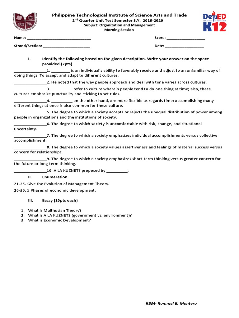 PTISTA Organization and Management Test | PDF