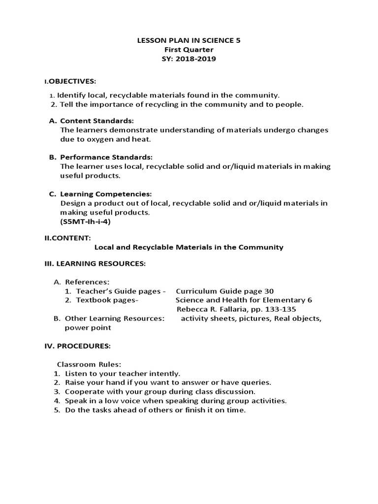 Grade 5 Recycling Lesson Plan | PDF | Recycling | Lesson Plan