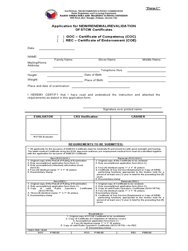 Application For NEW/RENEWAL/REVALIDATION of STCW Certificates | PDF ...