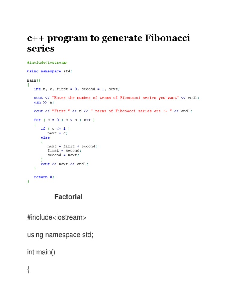 C++ Program To Generate Fibonacci Series: Factorial | PDF | Arithmetic ...