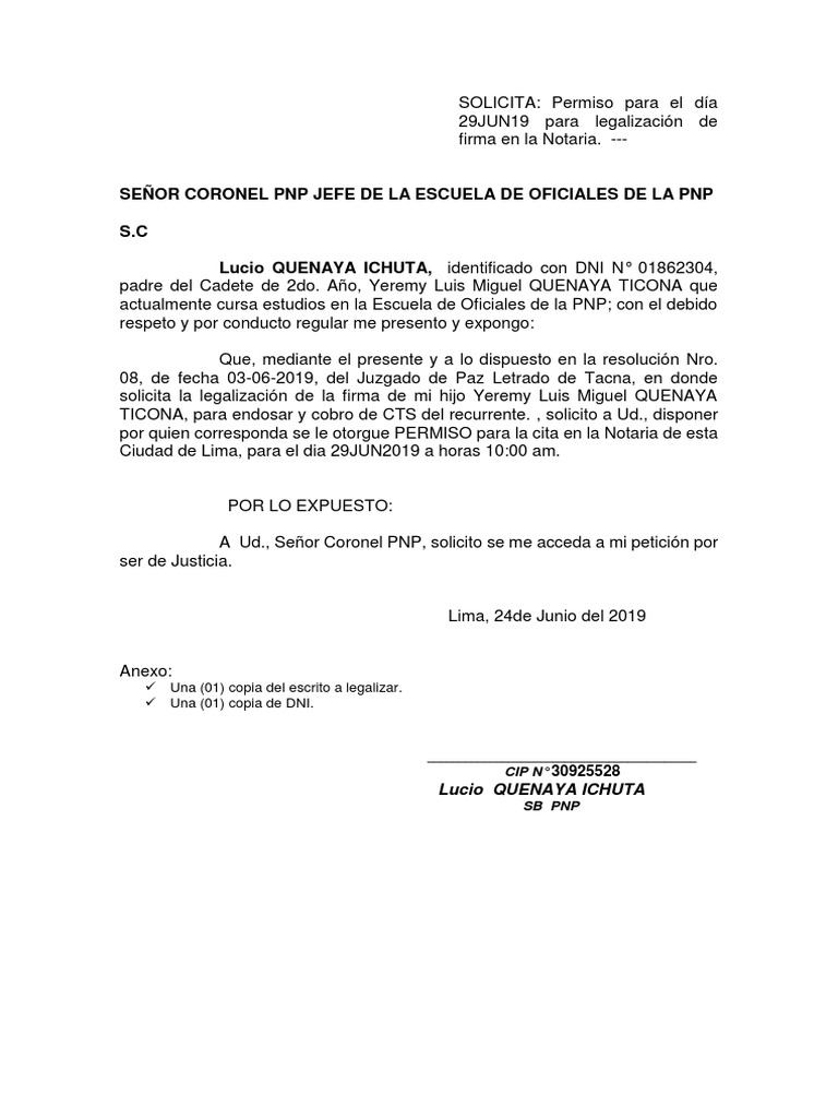 Solicitud de Permiso Notarial PNP | PDF